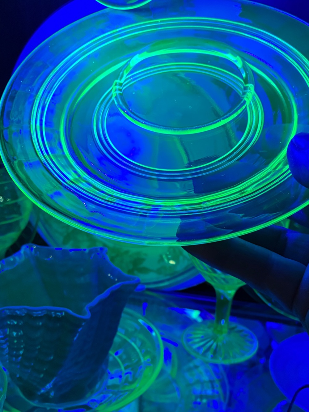 3 green Uranium Depression Glass offset saucer plates @6.5 in